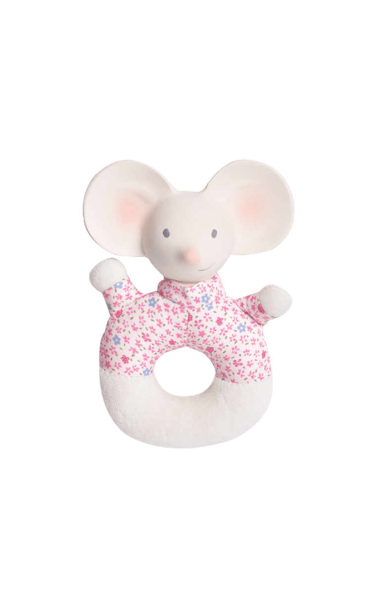 soft, easy-to-grip fabric ring helps strengthen fine motor skills, while the gentle rattle sound sparks curiosity and encourages early learning through cause and effect. The smooth natural rubber head offers a safe, soothing surface for teething