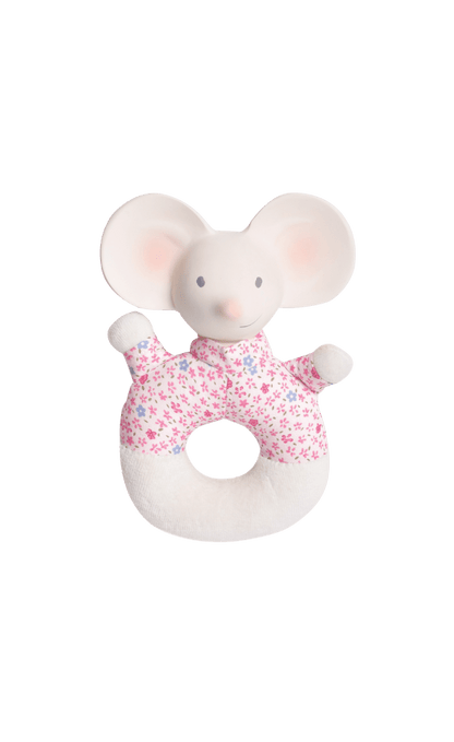 soft, easy-to-grip fabric ring helps strengthen fine motor skills, while the gentle rattle sound sparks curiosity and encourages early learning through cause and effect. The smooth natural rubber head offers a safe, soothing surface for teething