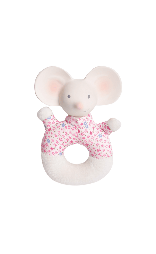 soft, easy-to-grip fabric ring helps strengthen fine motor skills, while the gentle rattle sound sparks curiosity and encourages early learning through cause and effect. The smooth natural rubber head offers a safe, soothing surface for teething