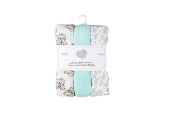 Precious Moments Muslin Swaddle Blankets - 3 Pack Elephant Blue. This delightful set features three generously sized blankets (43” x 43”) made from 100% cotton muslin