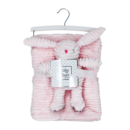 Made for the newborn in your life, this plush set makes the best gift. It includes a plush animal toy and blanket that are perfect for squeezing and cuddling.

-Set includes: Plush Bunny Toy and Blanket

-100% Polyester

-Blanket: 30" x 36"

-Toy sits 6" high