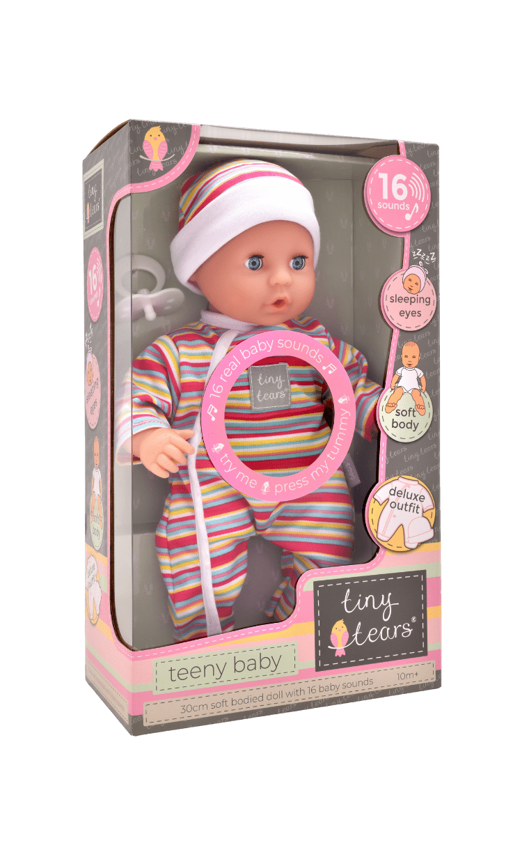 Teeny Baby is an adorable cuddly baby doll in a clear display box
-Doll Size: 30cm
-16 real baby sounds!
-Perfect for ages 10m+