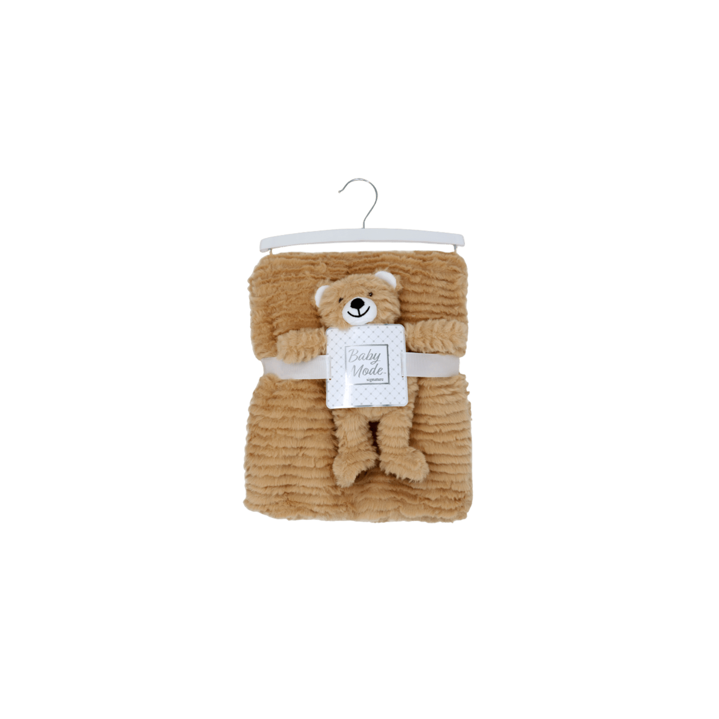 Tan Ridge plush bear with blanket on display.

-100% Polyester

-Blanket: 30" x 36"

-Toy sits 6" high
