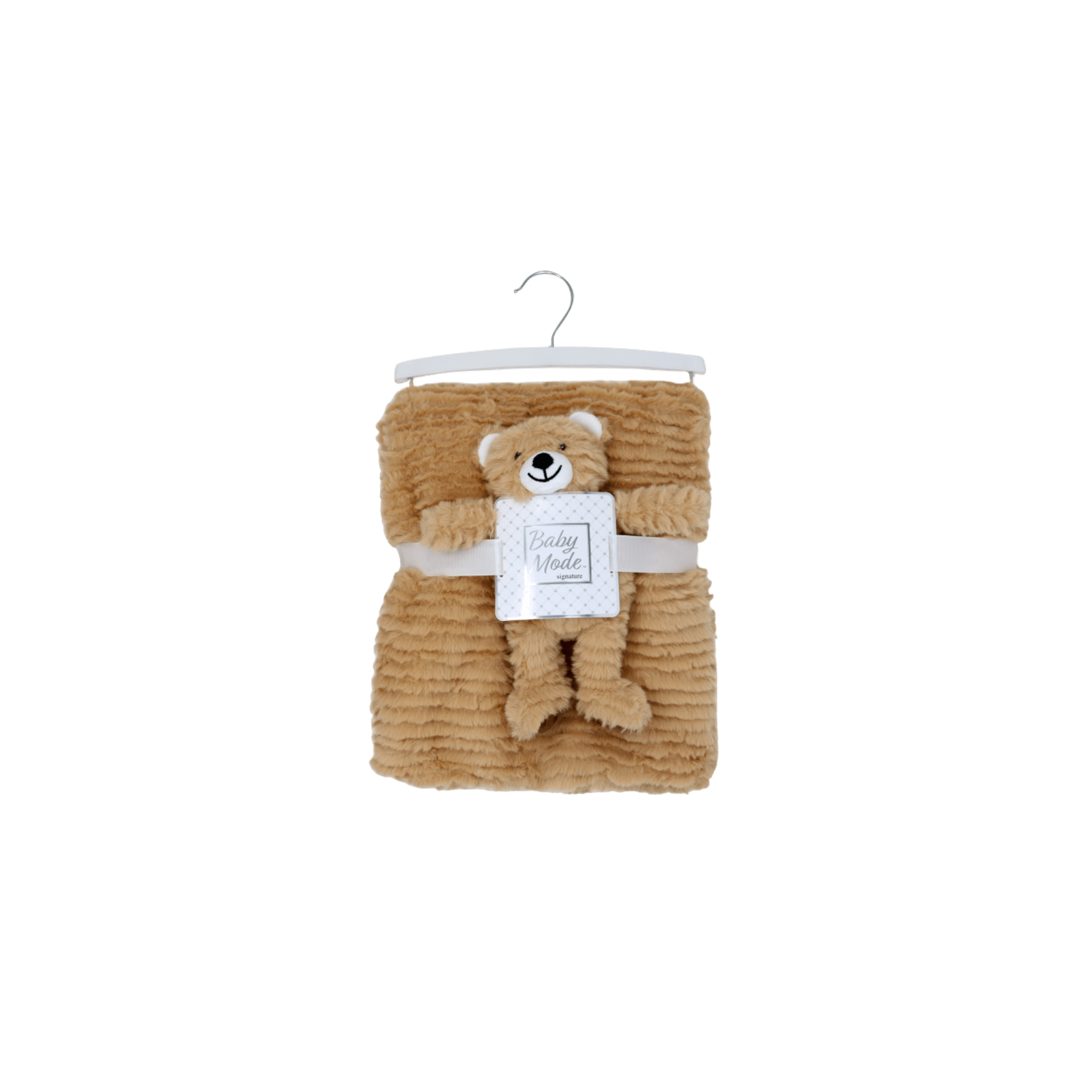 Tan Ridge plush bear with blanket on display.

-100% Polyester

-Blanket: 30" x 36"

-Toy sits 6" high